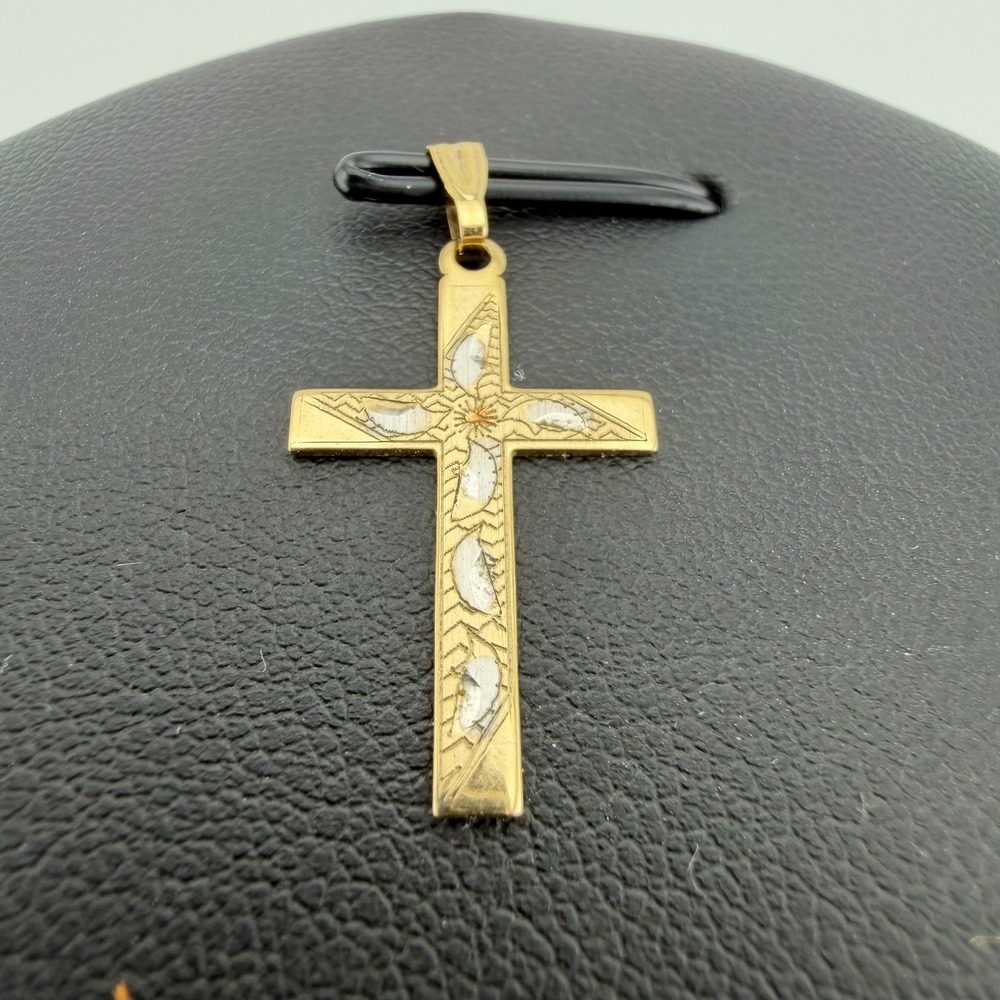 Vintage Yellow Gold 10K Cross Diamond-Cut Pendant Signed TK
